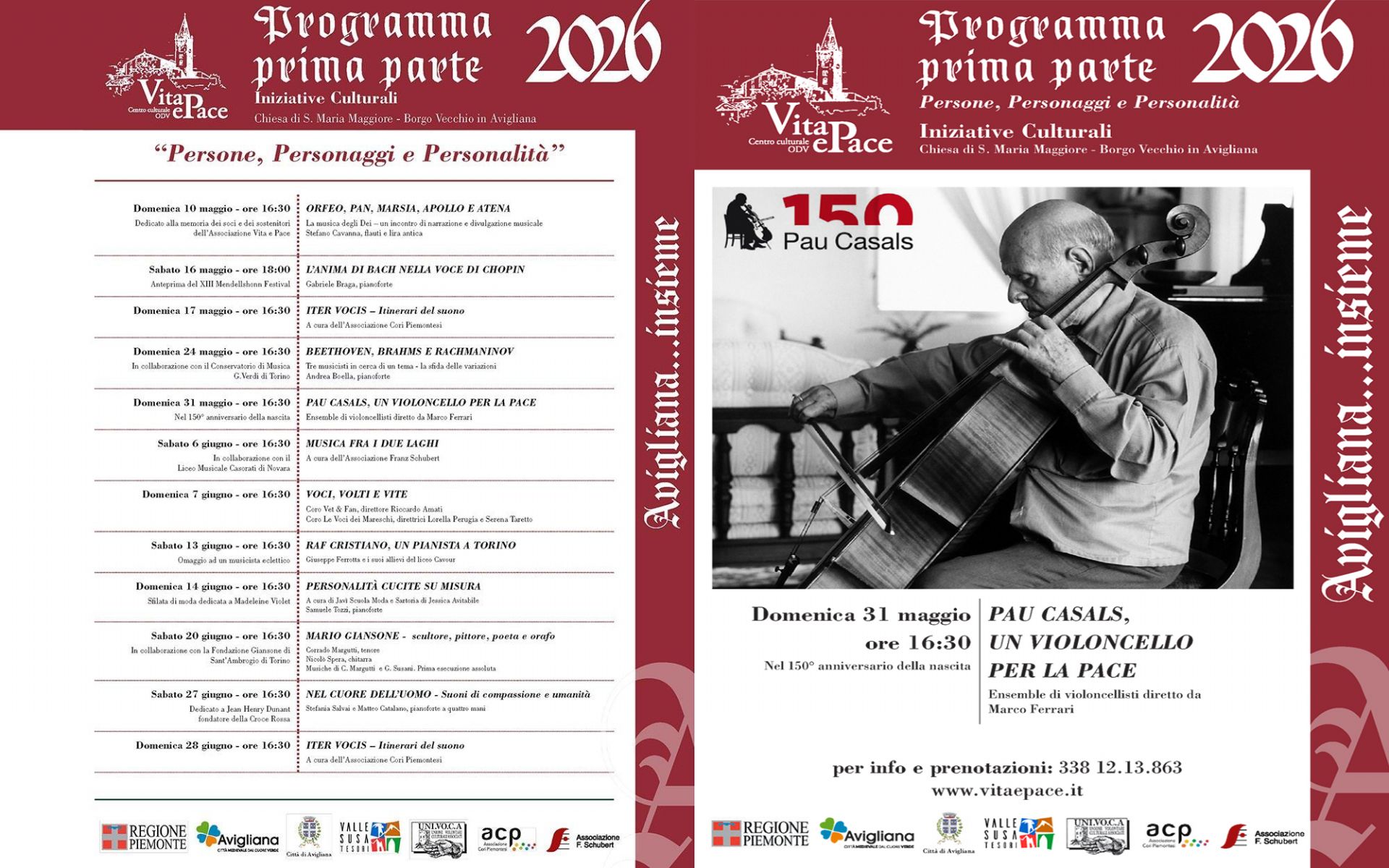 Domenica 31 maggio concerto “Pau Casals, un violoncello per la pace”, ensemble di violoncellisti diretto da Marco Ferrari per la rassegna Avigliana… insieme alla chiesa di Santa Maria maggiore in Borgo vecchio