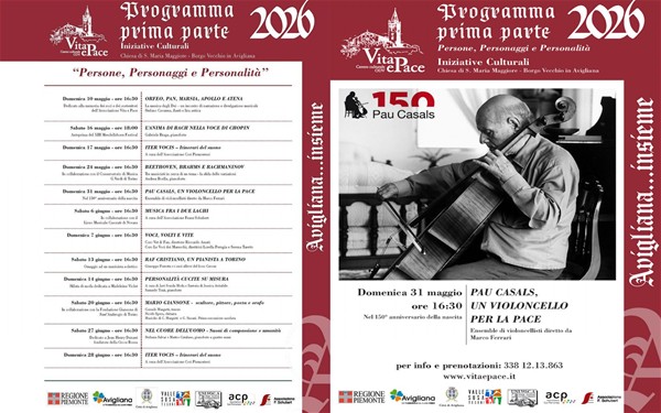 Domenica 31 maggio concerto “Pau Casals, un violoncello per la pace”, ensemble di violoncellisti diretto da Marco Ferrari per la rassegna Avigliana… insieme alla chiesa di Santa Maria maggiore in Borgo vecchio